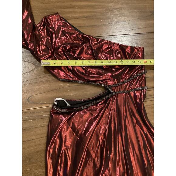 Marchesa Notte One-Shoulder slit Gown Metallic Red Cut Out Maxi Midi Dress 8 NWT - Picture 6 of 17